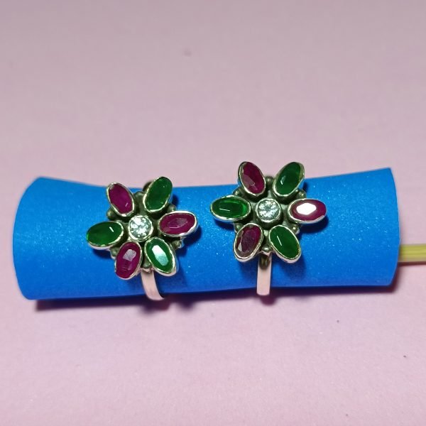 Oxidized RED & GREEN Flower Shape Toe Ring in pure (925) silver