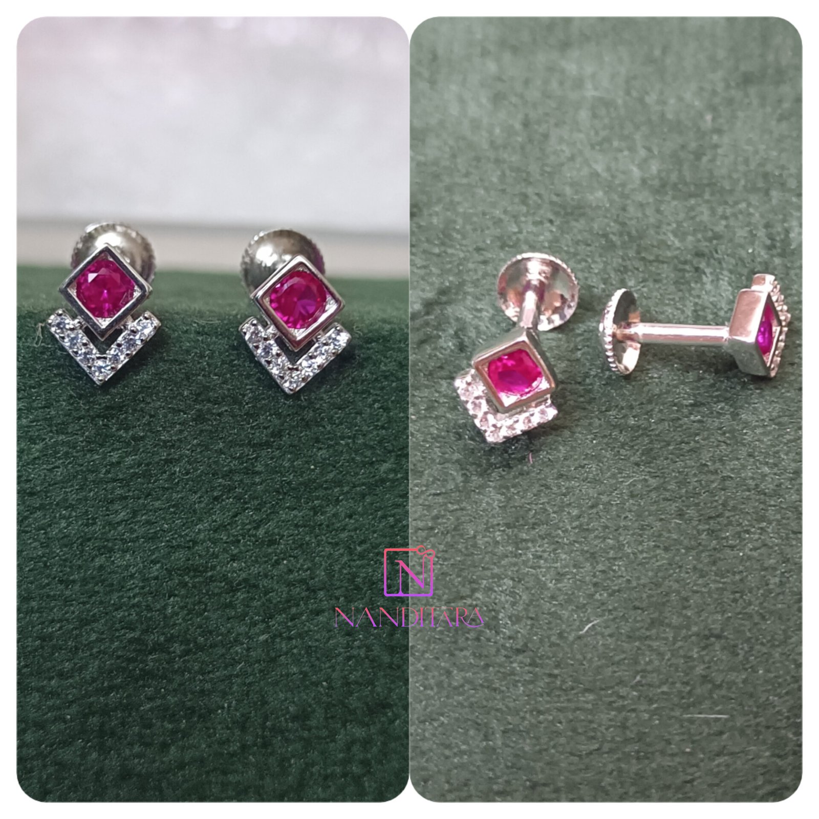 Unique & Trendy Pair of 925 Silver Studs - Red