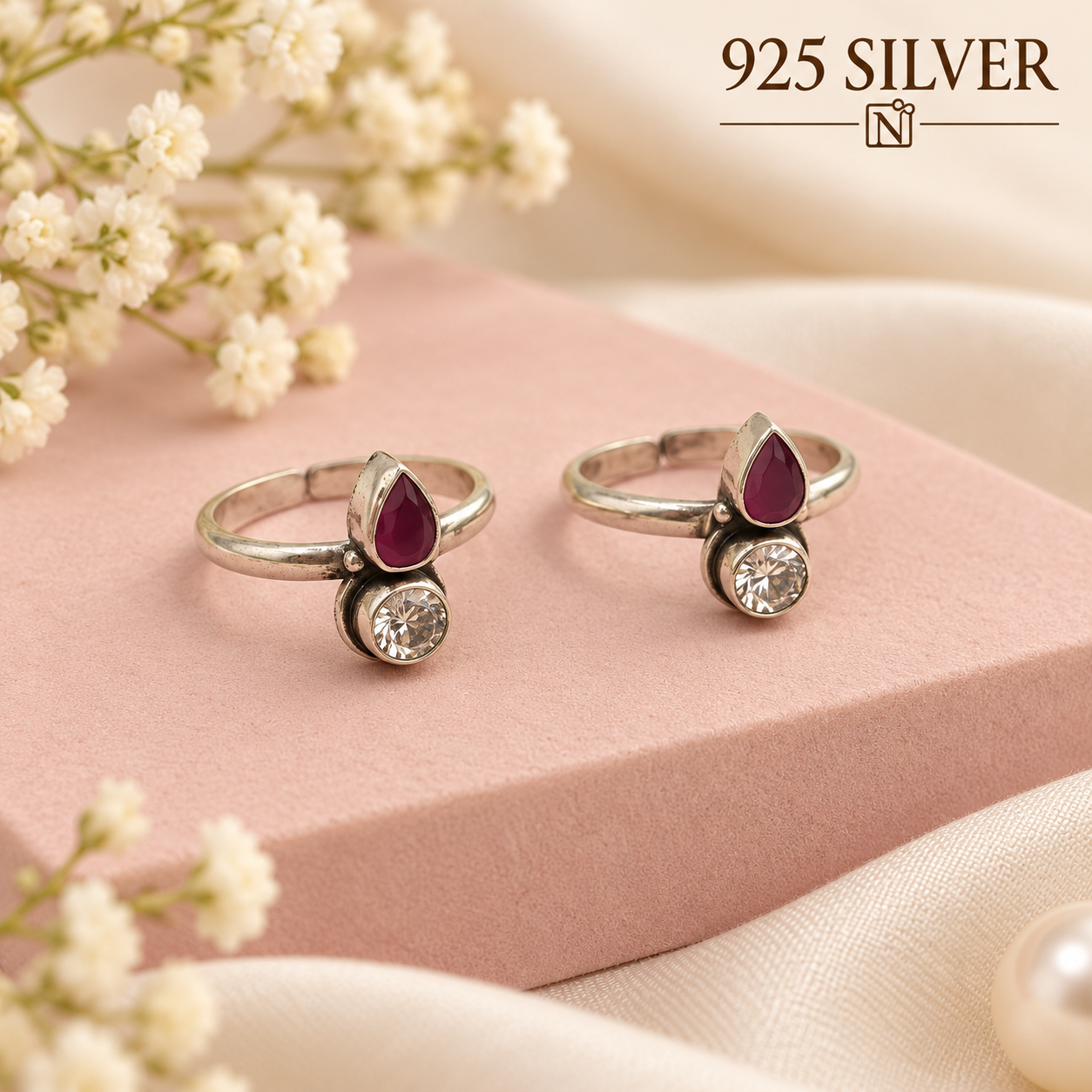 Meher Maroon Teardrop & White Stone 925 Silver Toe Rings